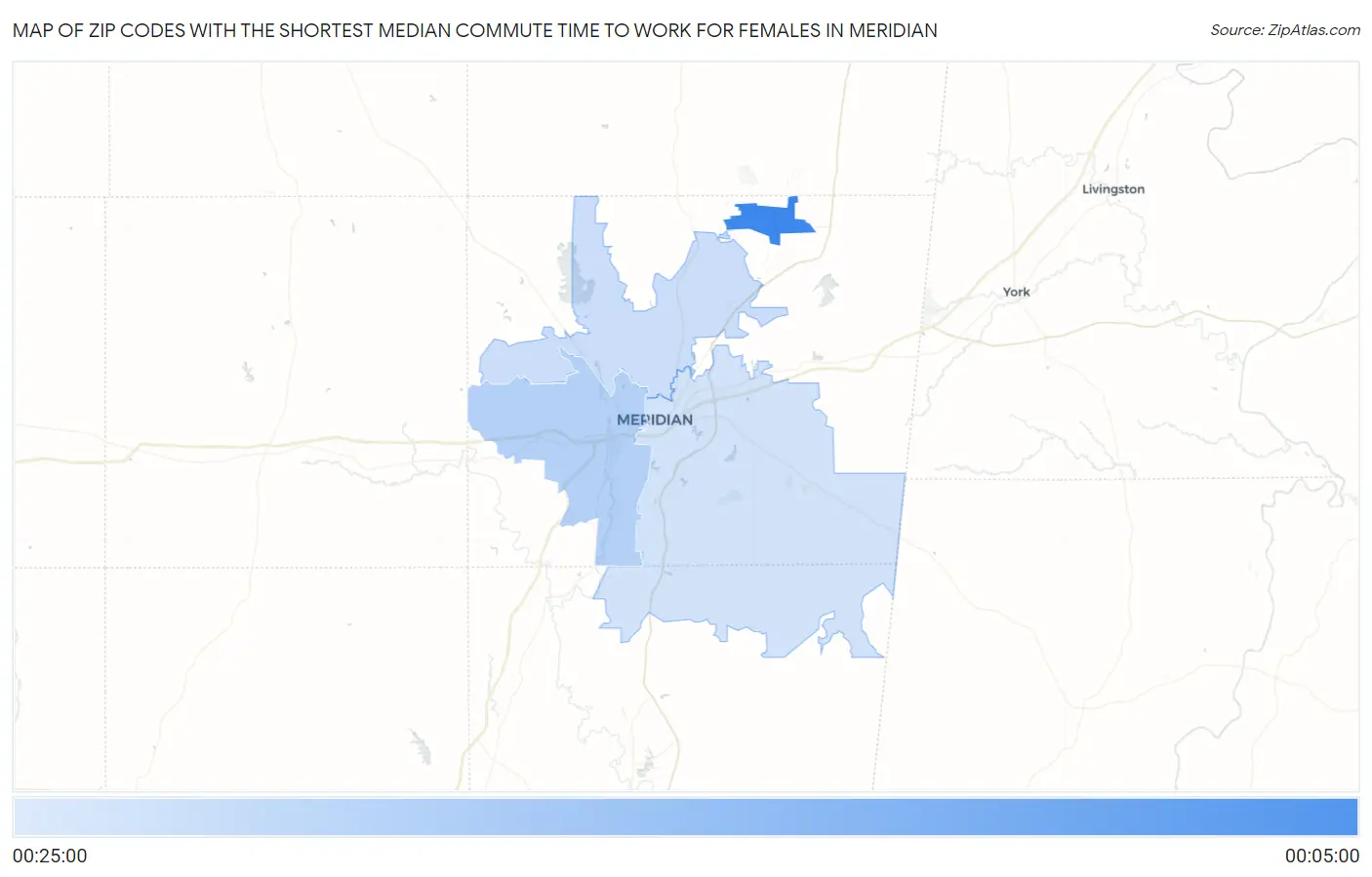 Zip Codes with the Shortest Median Commute Time to Work for Females in Meridian Map