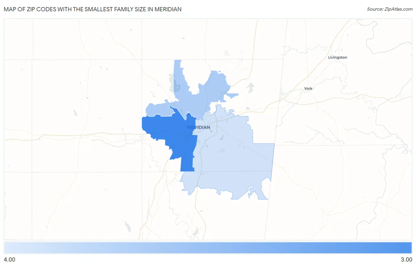 Zip Codes with the Smallest Family Size in Meridian Map