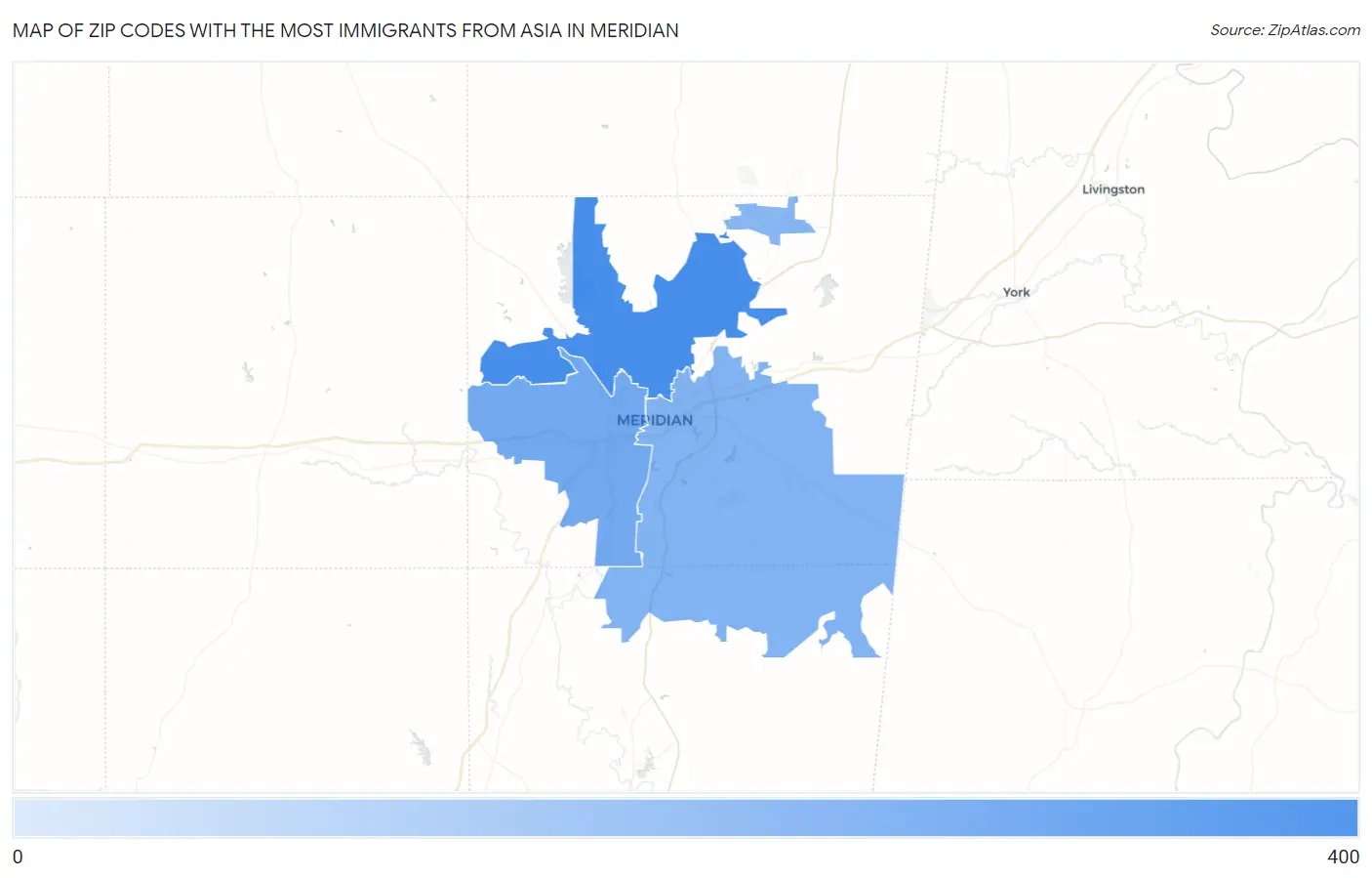 Zip Codes with the Most Immigrants from Asia in Meridian Map