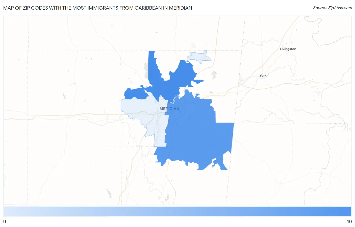 Zip Codes with the Most Immigrants from Caribbean in Meridian Map