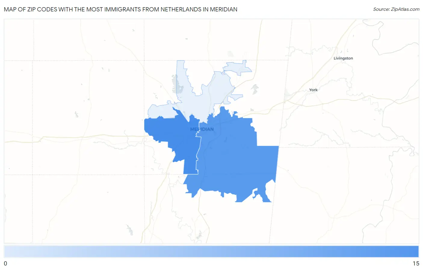 Zip Codes with the Most Immigrants from Netherlands in Meridian Map