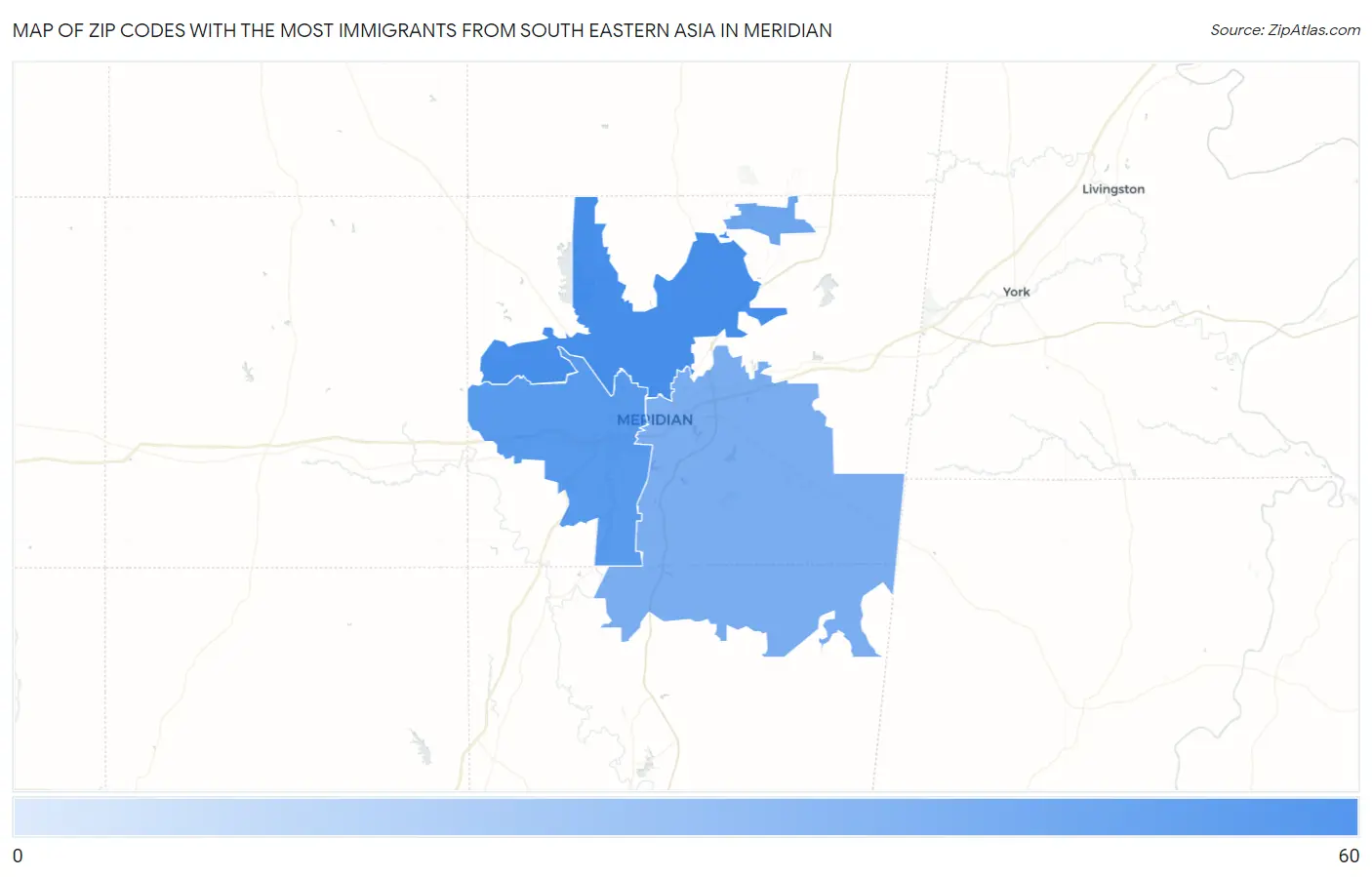 Zip Codes with the Most Immigrants from South Eastern Asia in Meridian Map