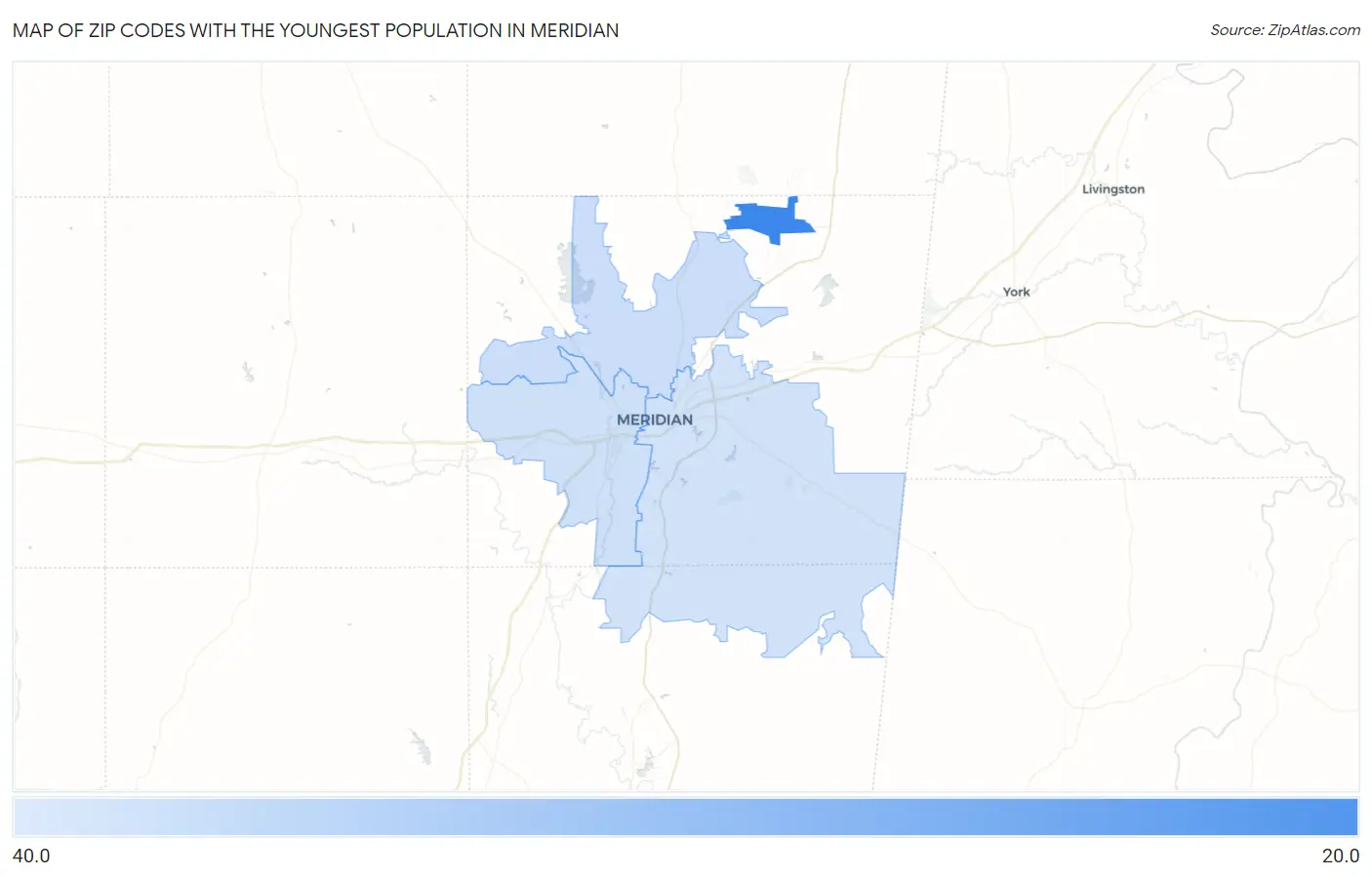 Zip Codes with the Youngest Population in Meridian Map