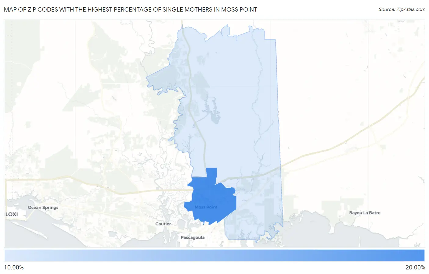 Zip Codes with the Highest Percentage of Single Mothers in Moss Point Map