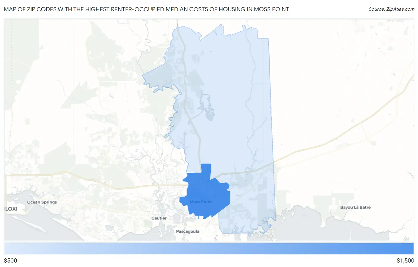 Zip Codes with the Highest Renter-Occupied Median Costs of Housing in Moss Point Map
