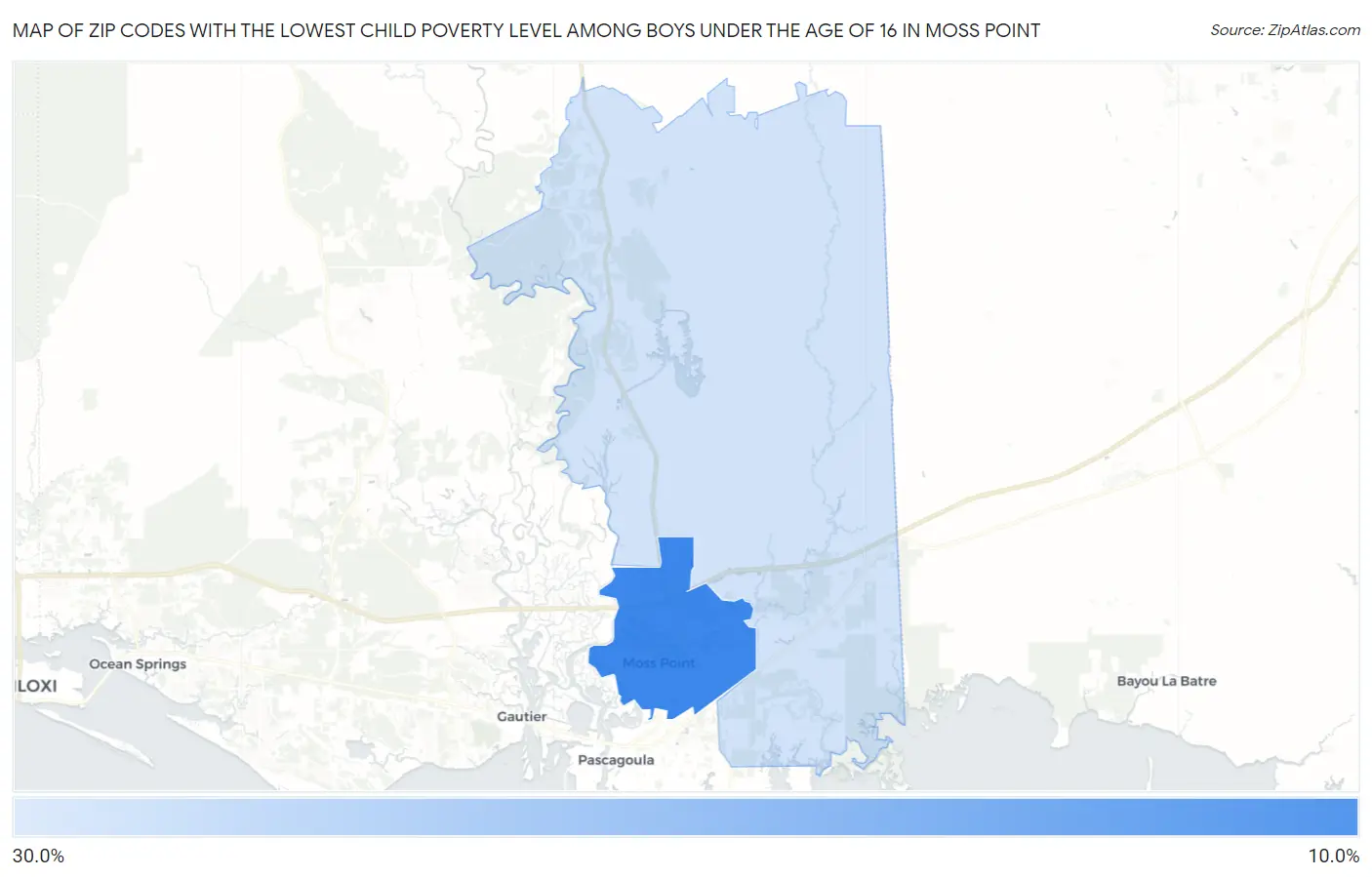 Zip Codes with the Lowest Child Poverty Level Among Boys Under the Age of 16 in Moss Point Map