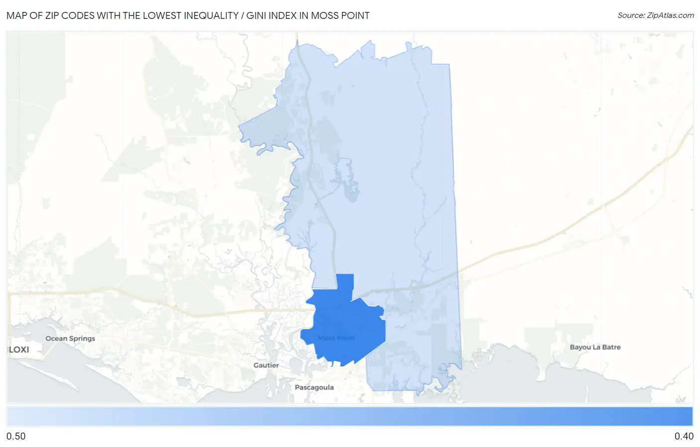 Zip Codes with the Lowest Inequality / Gini Index in Moss Point Map