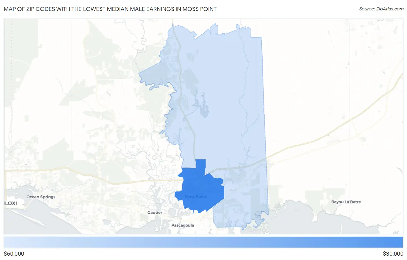 Zip Codes with the Lowest Median Male Earnings in Moss Point Map