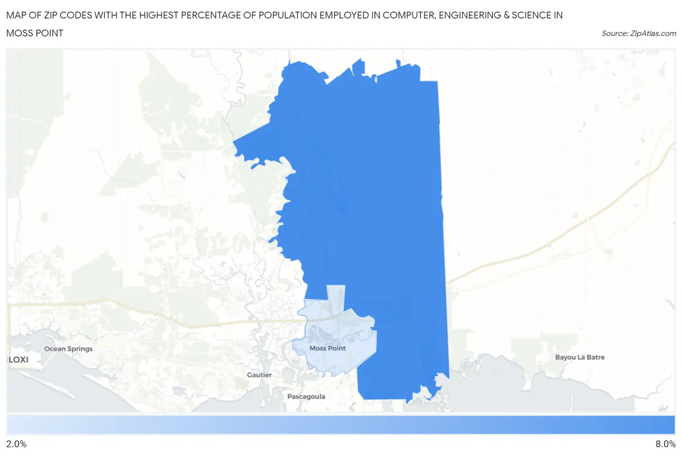 Zip Codes with the Highest Percentage of Population Employed in Computer, Engineering & Science in Moss Point Map