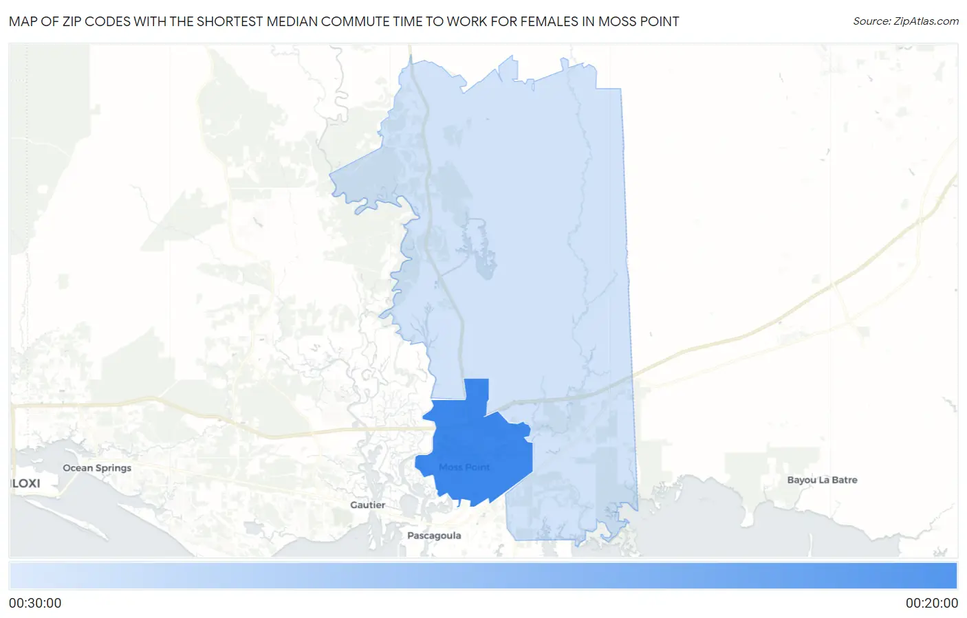 Zip Codes with the Shortest Median Commute Time to Work for Females in Moss Point Map