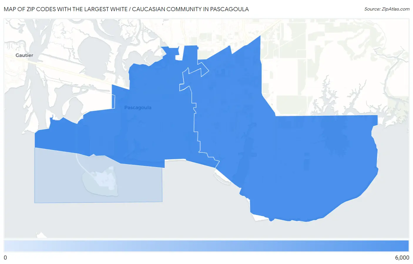 Zip Codes with the Largest White / Caucasian Community in Pascagoula Map