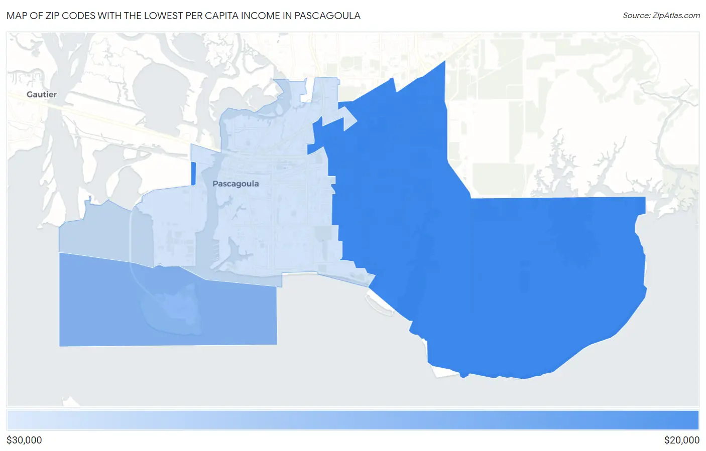 Zip Codes with the Lowest Per Capita Income in Pascagoula Map