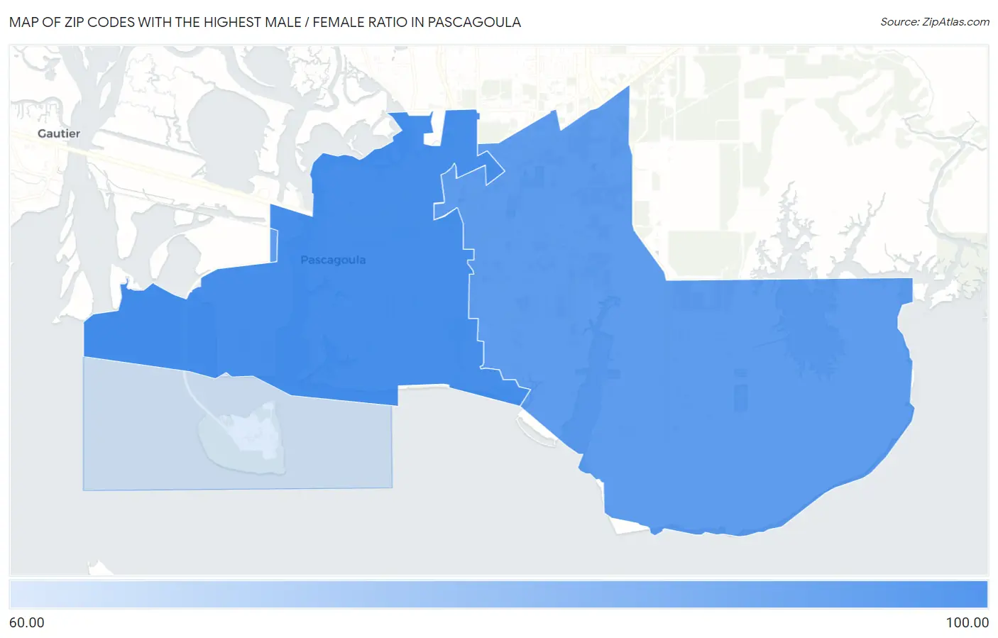 Zip Codes with the Highest Male / Female Ratio in Pascagoula Map