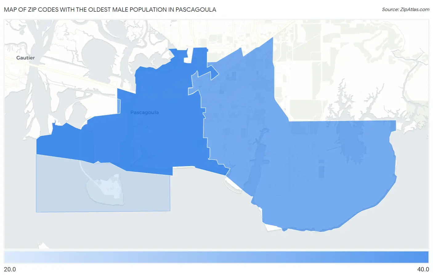 Zip Codes with the Oldest Male Population in Pascagoula Map