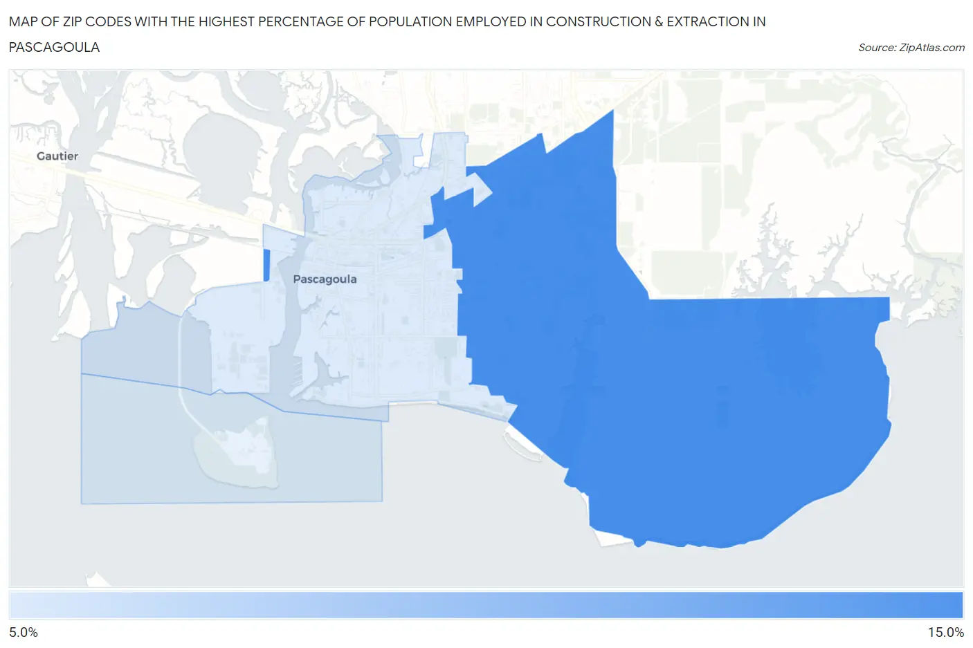 Zip Codes with the Highest Percentage of Population Employed in Construction & Extraction in Pascagoula Map