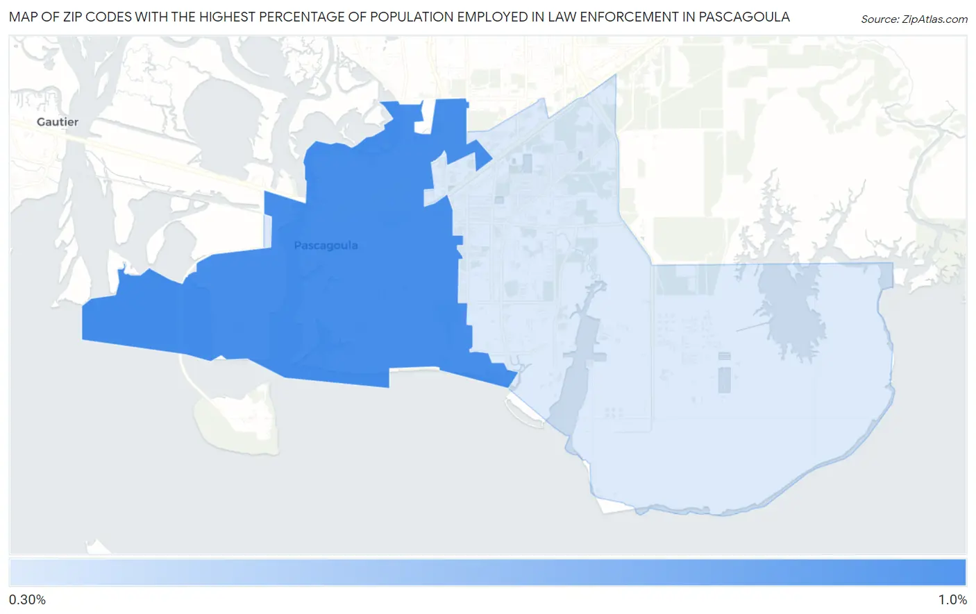 Zip Codes with the Highest Percentage of Population Employed in Law Enforcement in Pascagoula Map