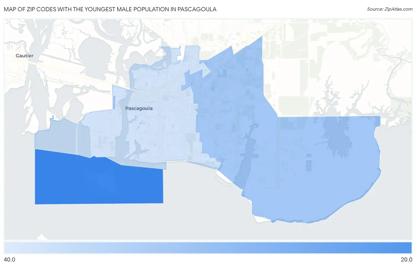 Zip Codes with the Youngest Male Population in Pascagoula Map