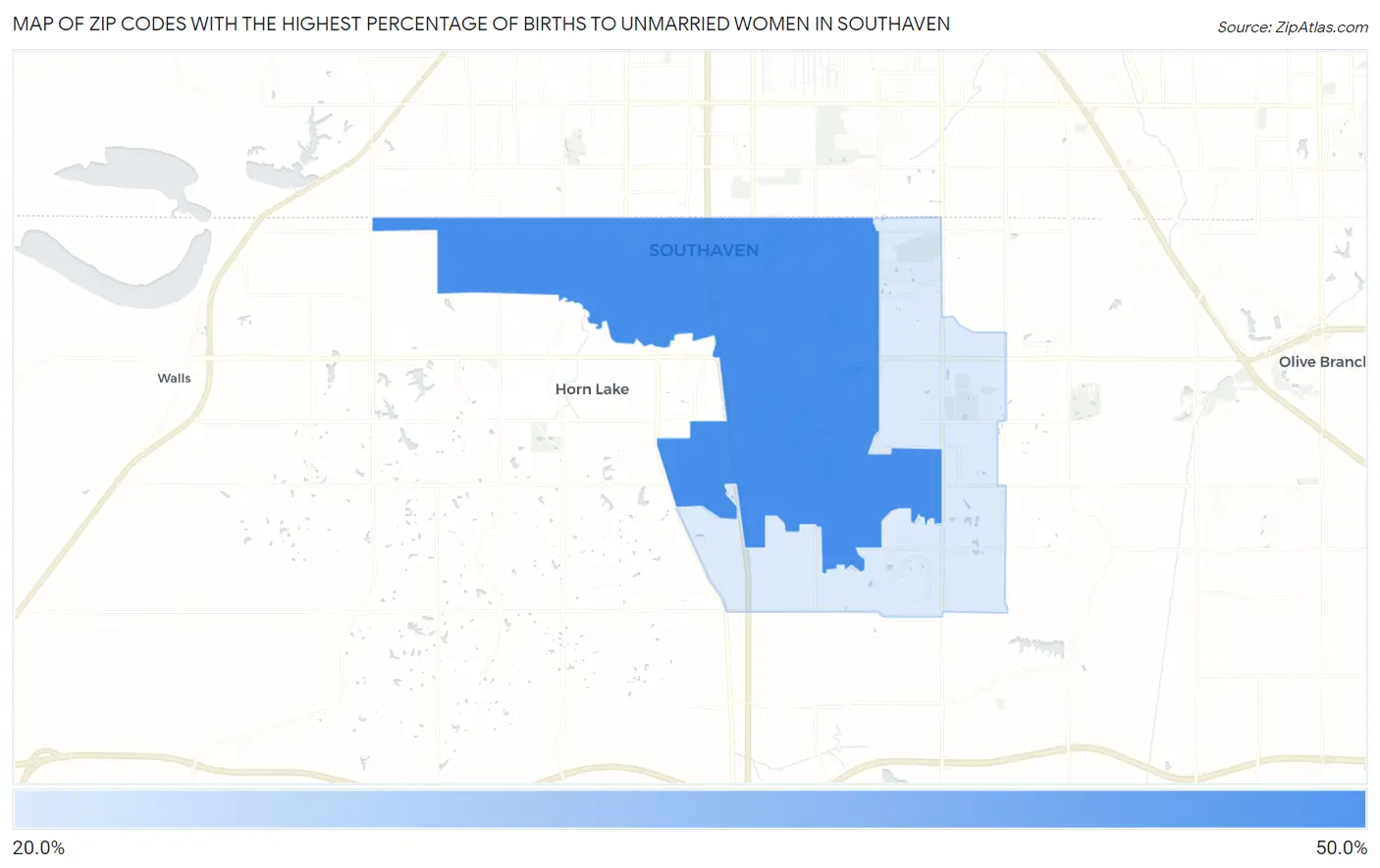 Zip Codes with the Highest Percentage of Births to Unmarried Women in Southaven Map