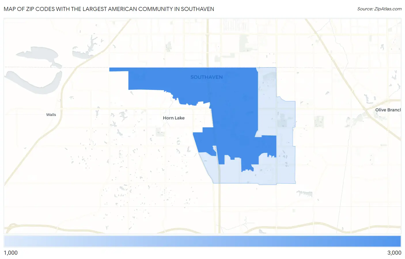 Zip Codes with the Largest American Community in Southaven Map