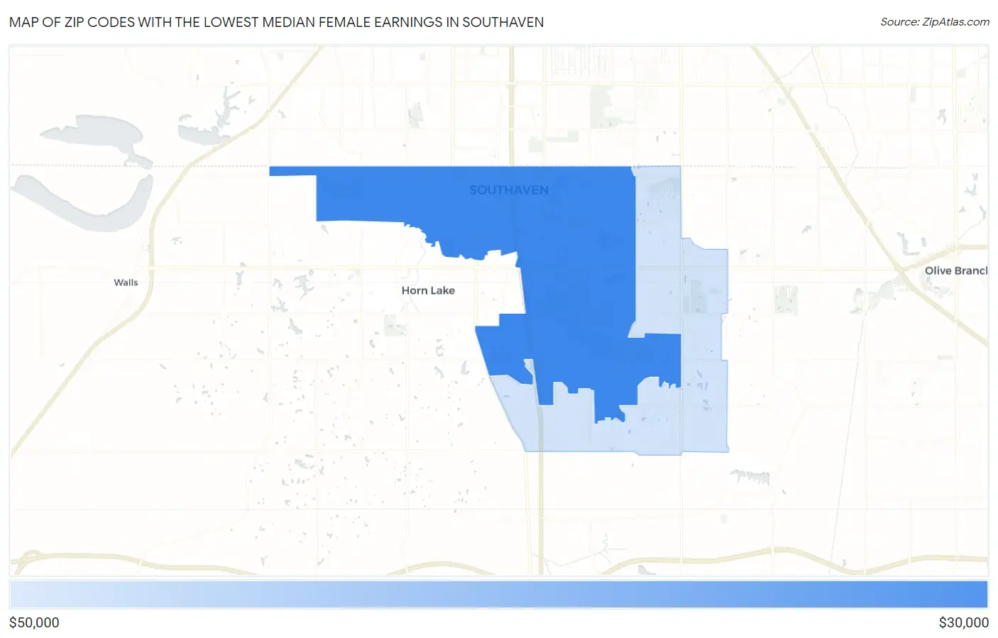 Zip Codes with the Lowest Median Female Earnings in Southaven Map