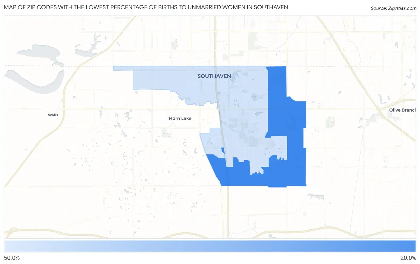 Zip Codes with the Lowest Percentage of Births to Unmarried Women in Southaven Map