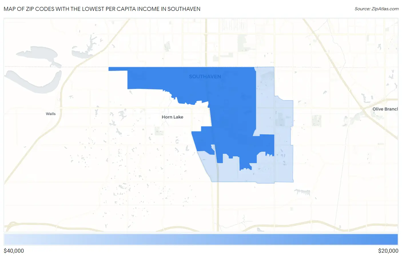 Zip Codes with the Lowest Per Capita Income in Southaven Map