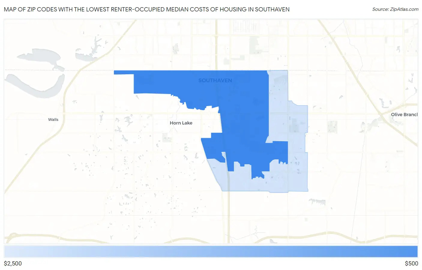 Zip Codes with the Lowest Renter-Occupied Median Costs of Housing in Southaven Map
