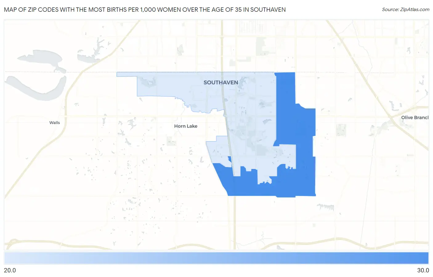 Zip Codes with the Most Births per 1,000 Women Over the Age of 35 in Southaven Map