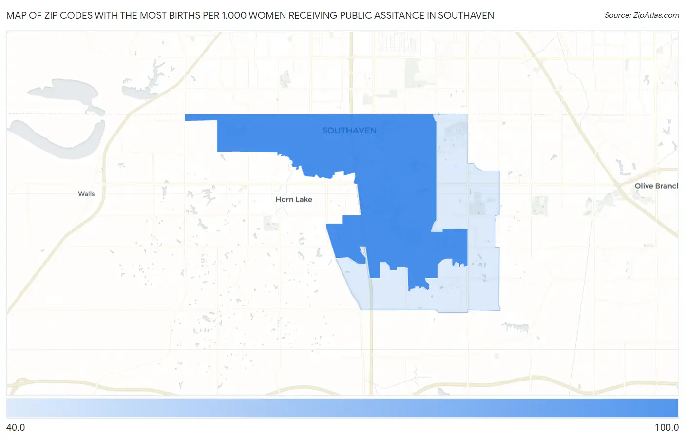Zip Codes with the Most Births per 1,000 Women Receiving Public Assitance in Southaven Map