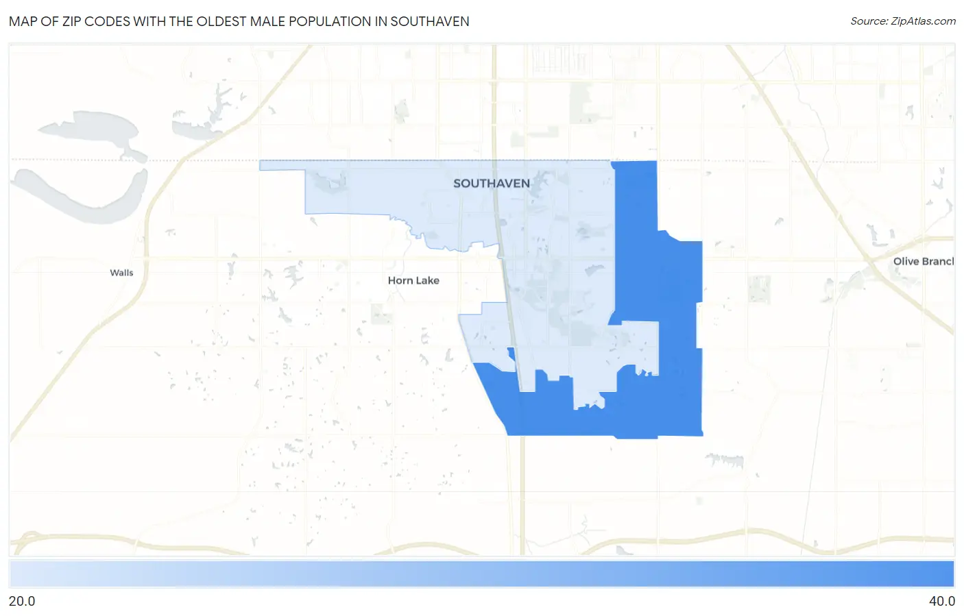 Zip Codes with the Oldest Male Population in Southaven Map