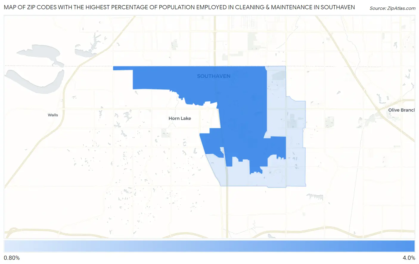 Zip Codes with the Highest Percentage of Population Employed in Cleaning & Maintenance in Southaven Map