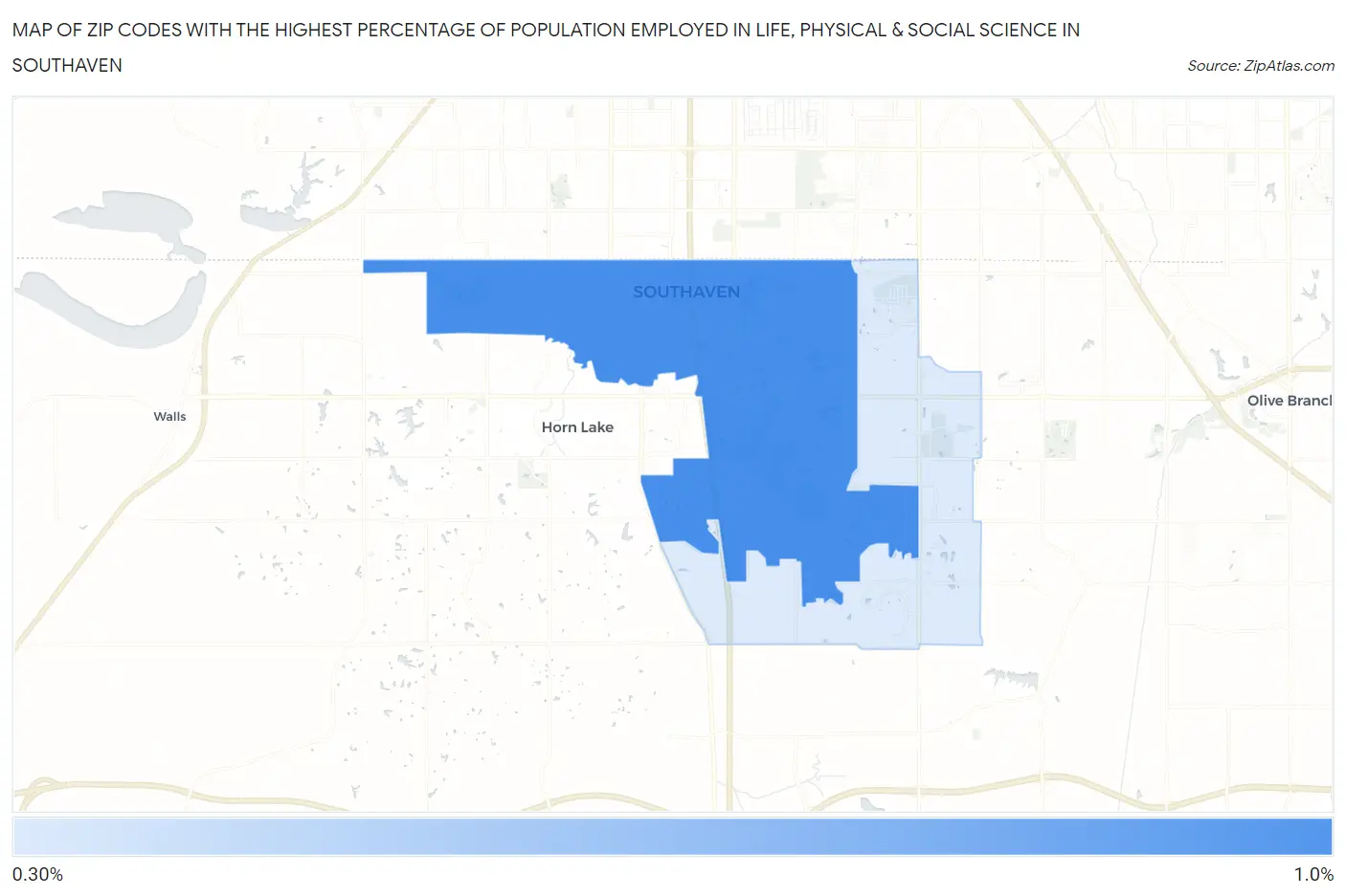 Zip Codes with the Highest Percentage of Population Employed in Life, Physical & Social Science in Southaven Map