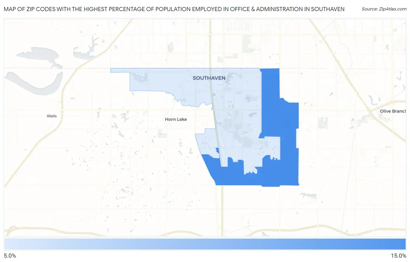 Zip Codes with the Highest Percentage of Population Employed in Office & Administration in Southaven Map