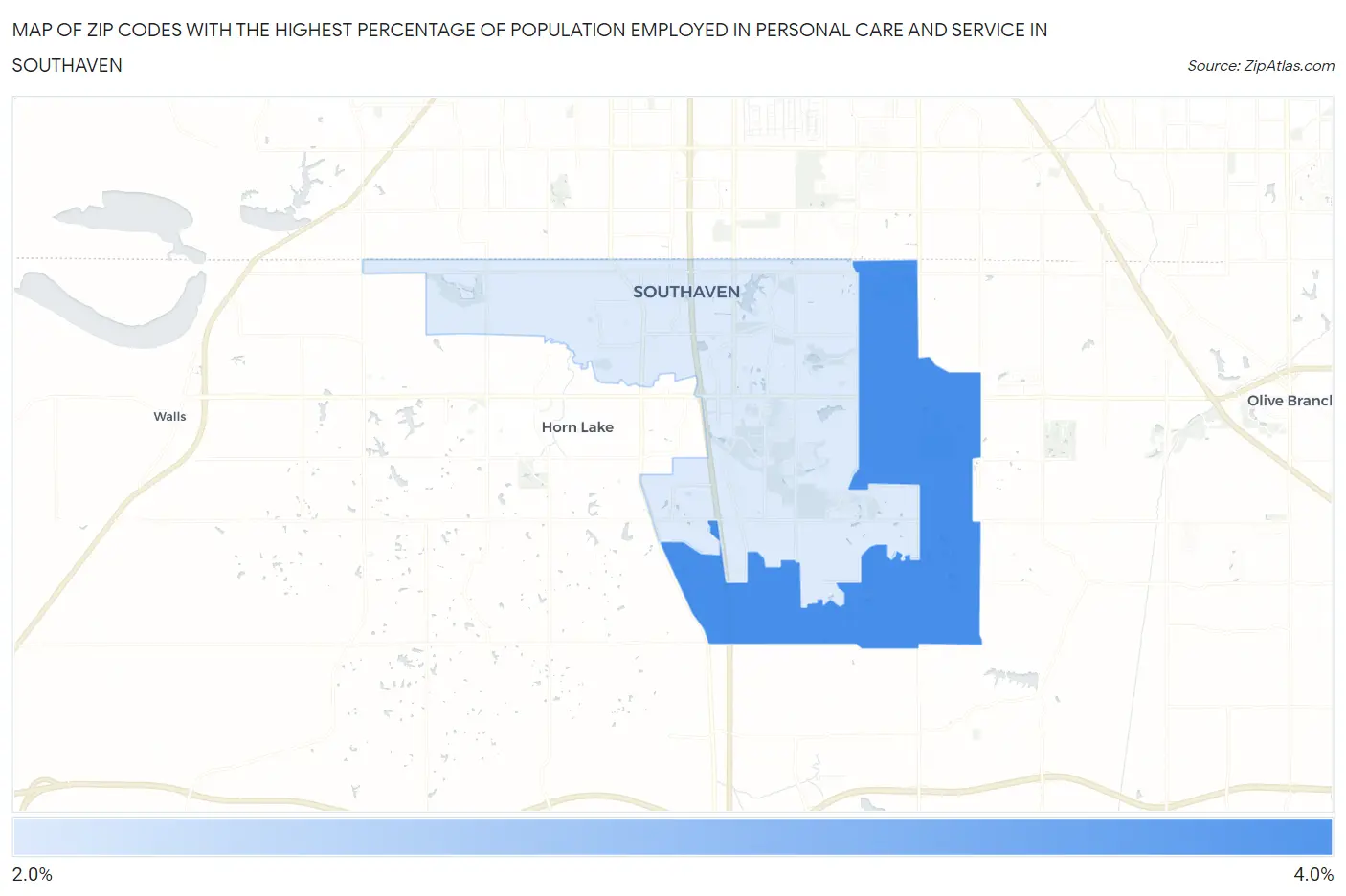 Zip Codes with the Highest Percentage of Population Employed in Personal Care and Service in Southaven Map