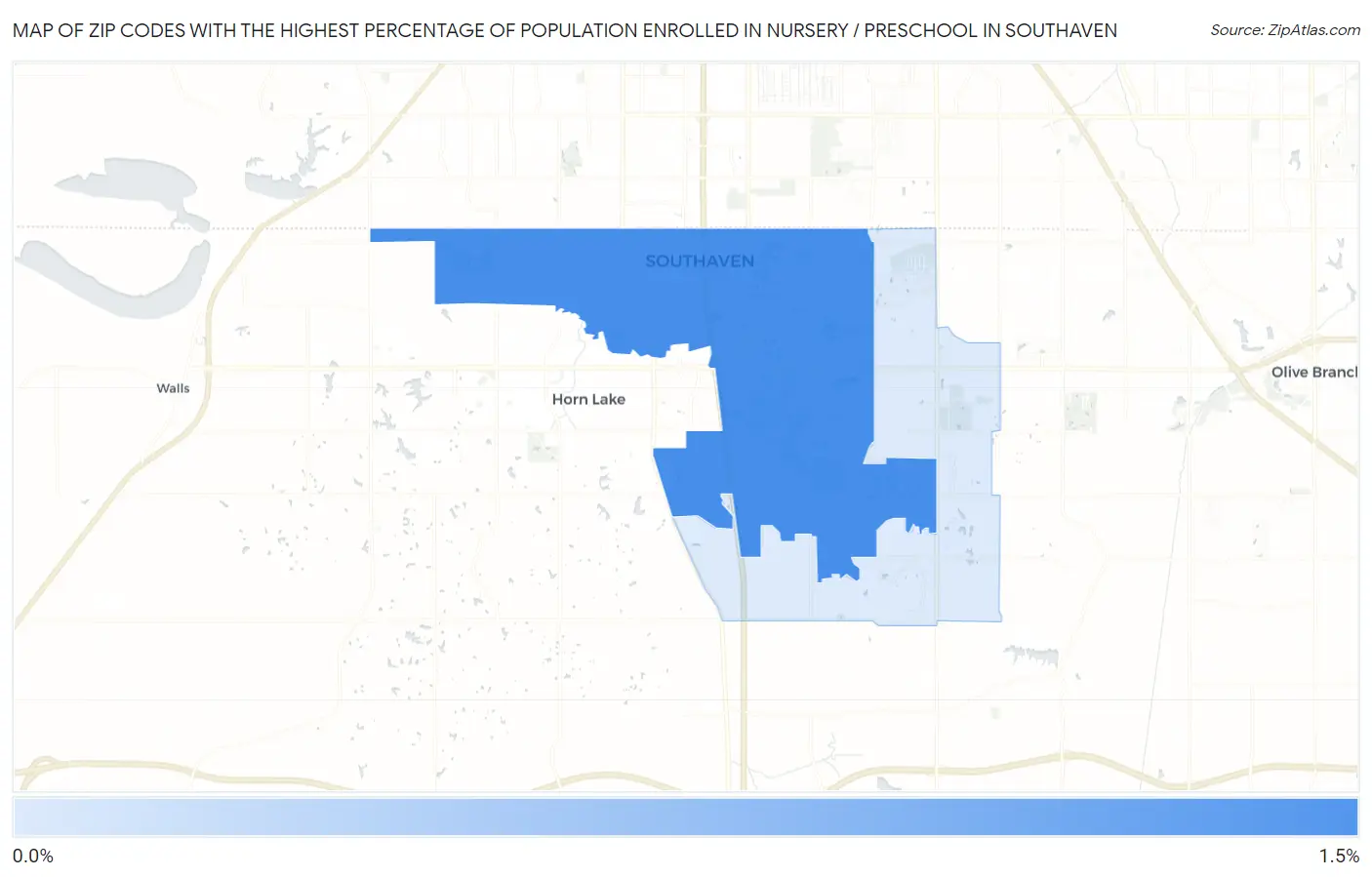 Zip Codes with the Highest Percentage of Population Enrolled in Nursery / Preschool in Southaven Map