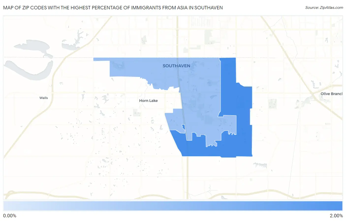 Zip Codes with the Highest Percentage of Immigrants from Asia in Southaven Map