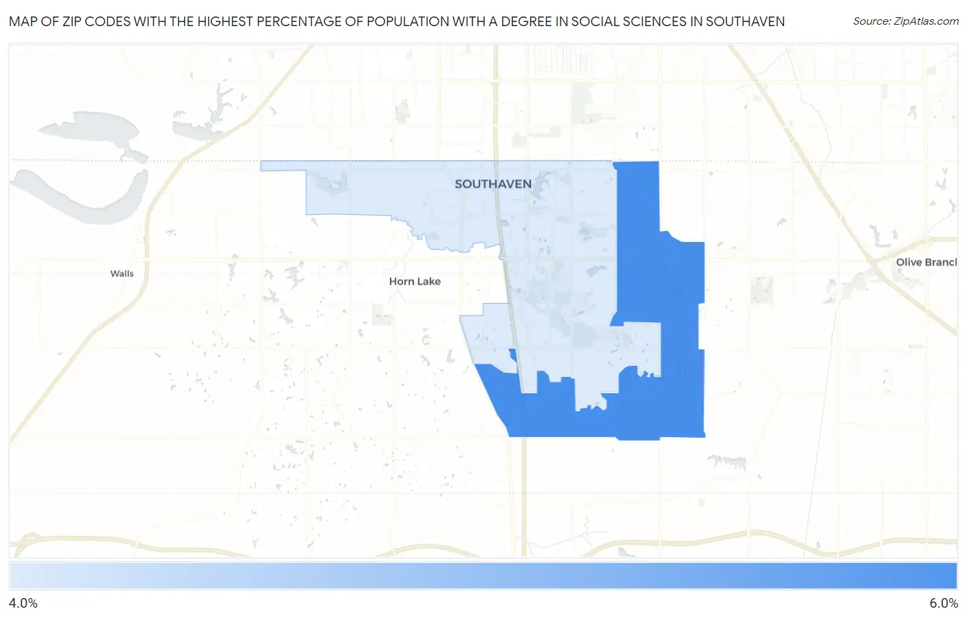 Zip Codes with the Highest Percentage of Population with a Degree in Social Sciences in Southaven Map