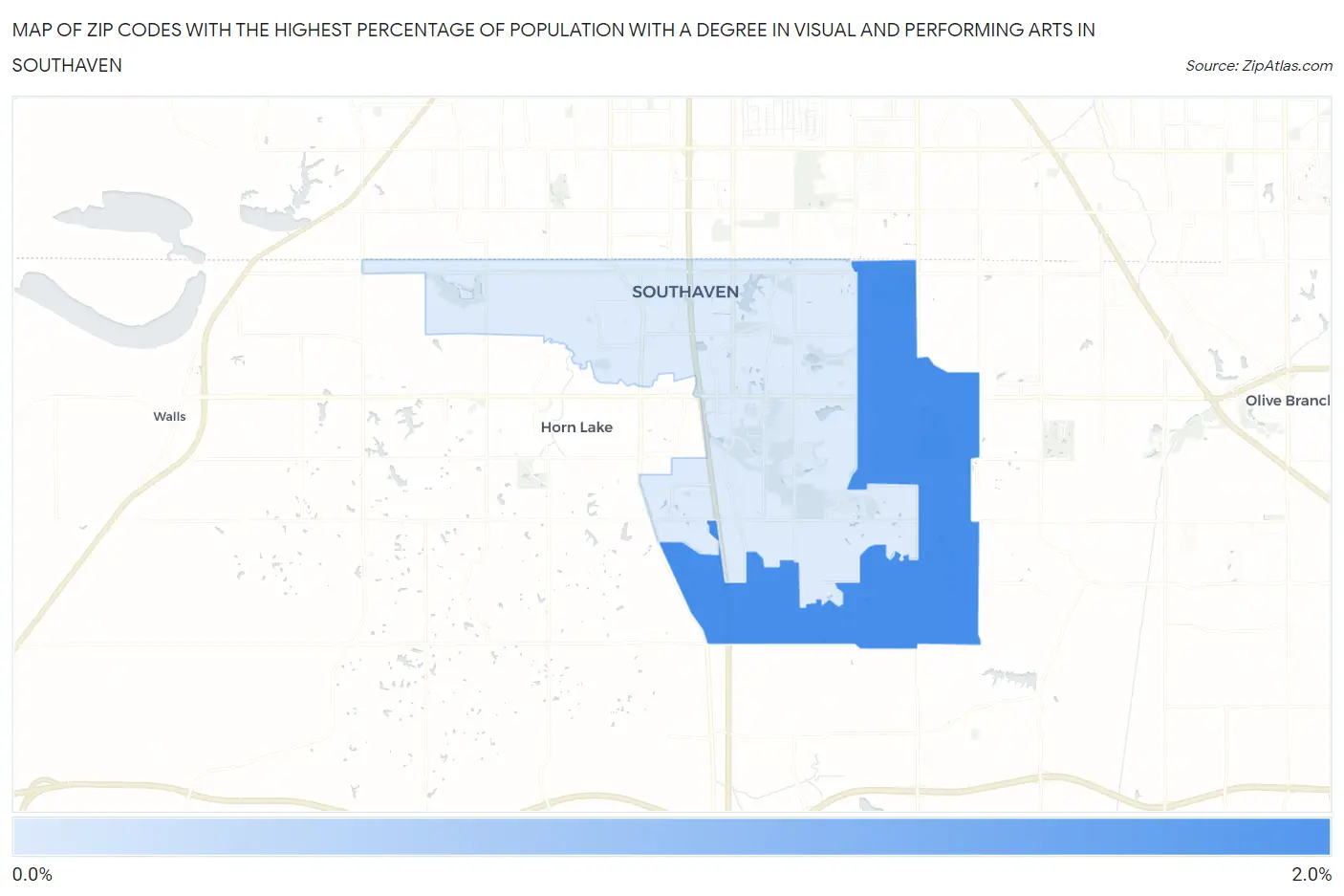 Zip Codes with the Highest Percentage of Population with a Degree in Visual and Performing Arts in Southaven Map