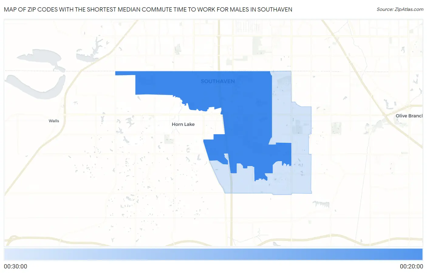 Zip Codes with the Shortest Median Commute Time to Work for Males in Southaven Map