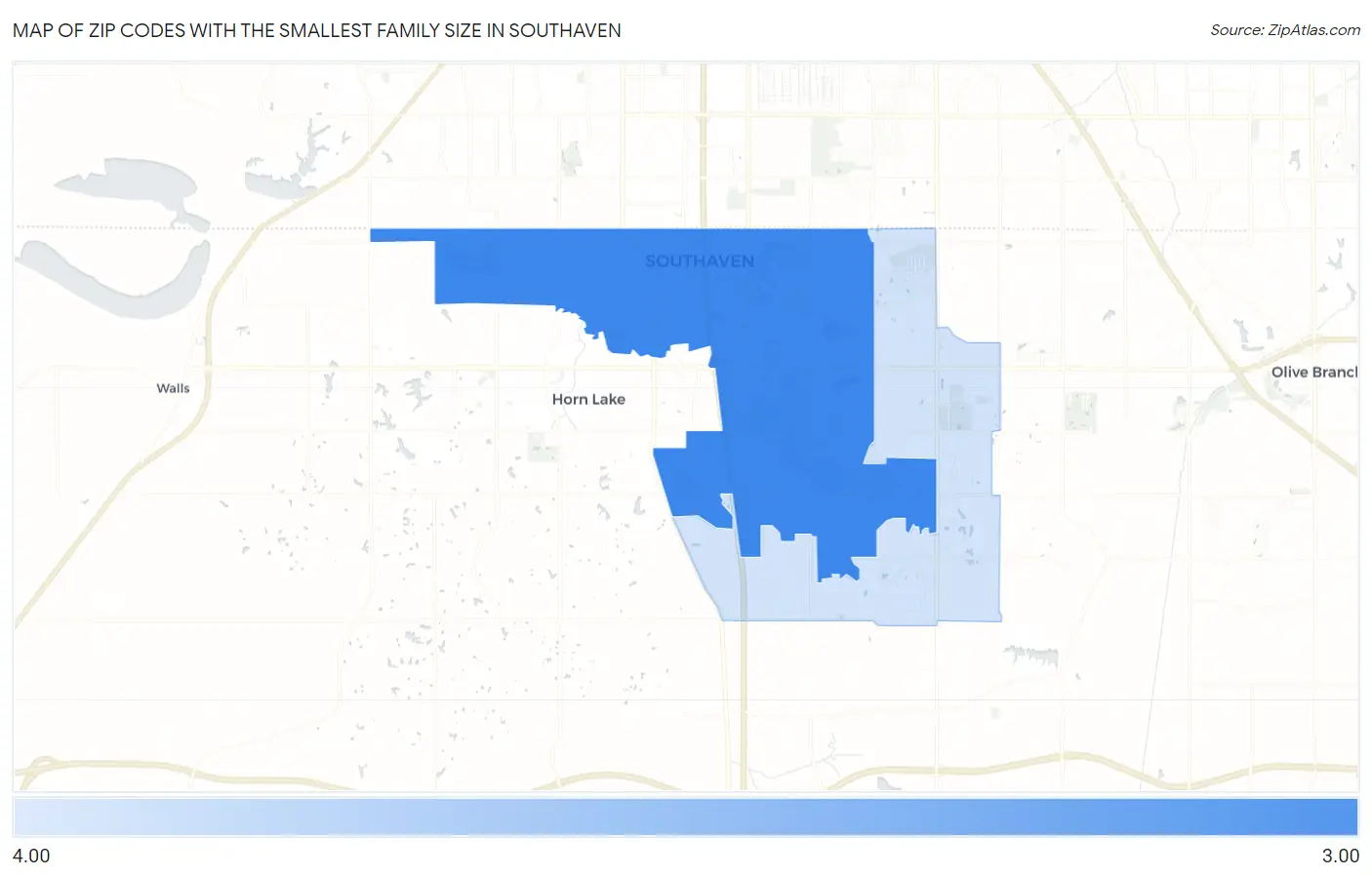 Zip Codes with the Smallest Family Size in Southaven Map