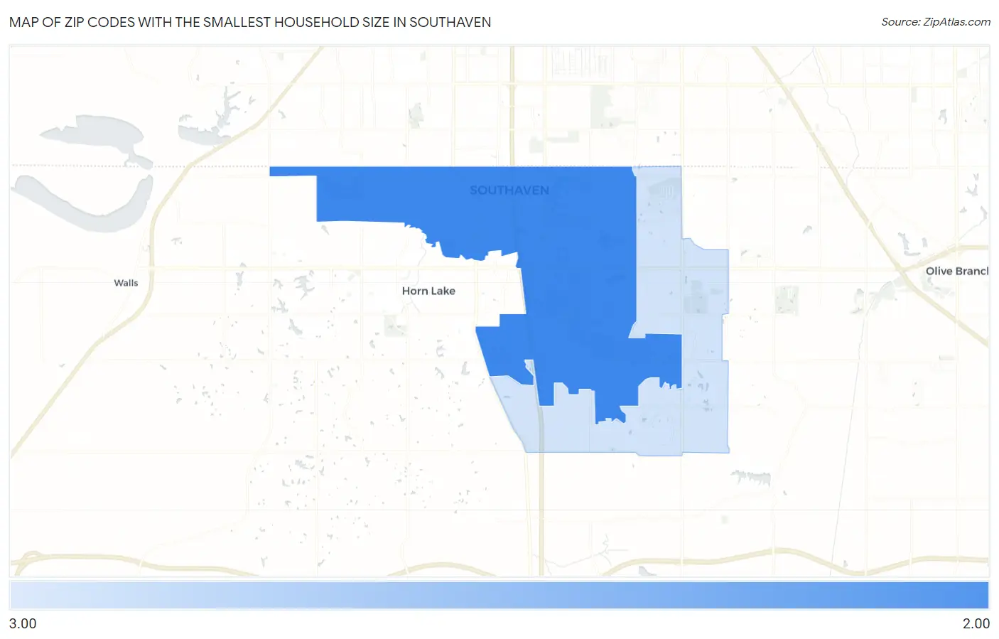 Zip Codes with the Smallest Household Size in Southaven Map