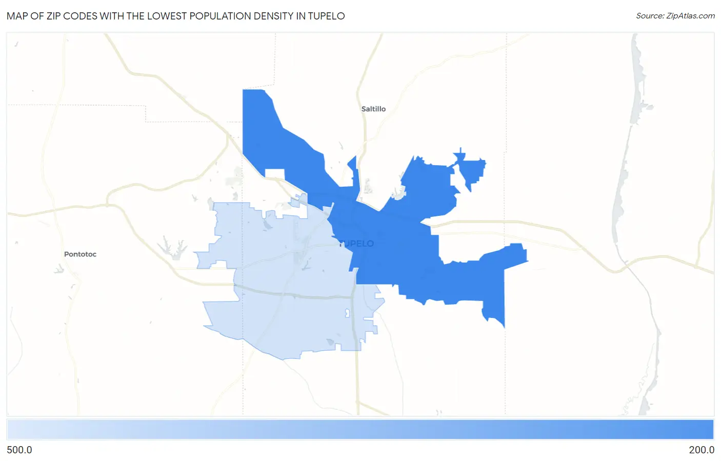 Zip Codes with the Lowest Population Density in Tupelo Map