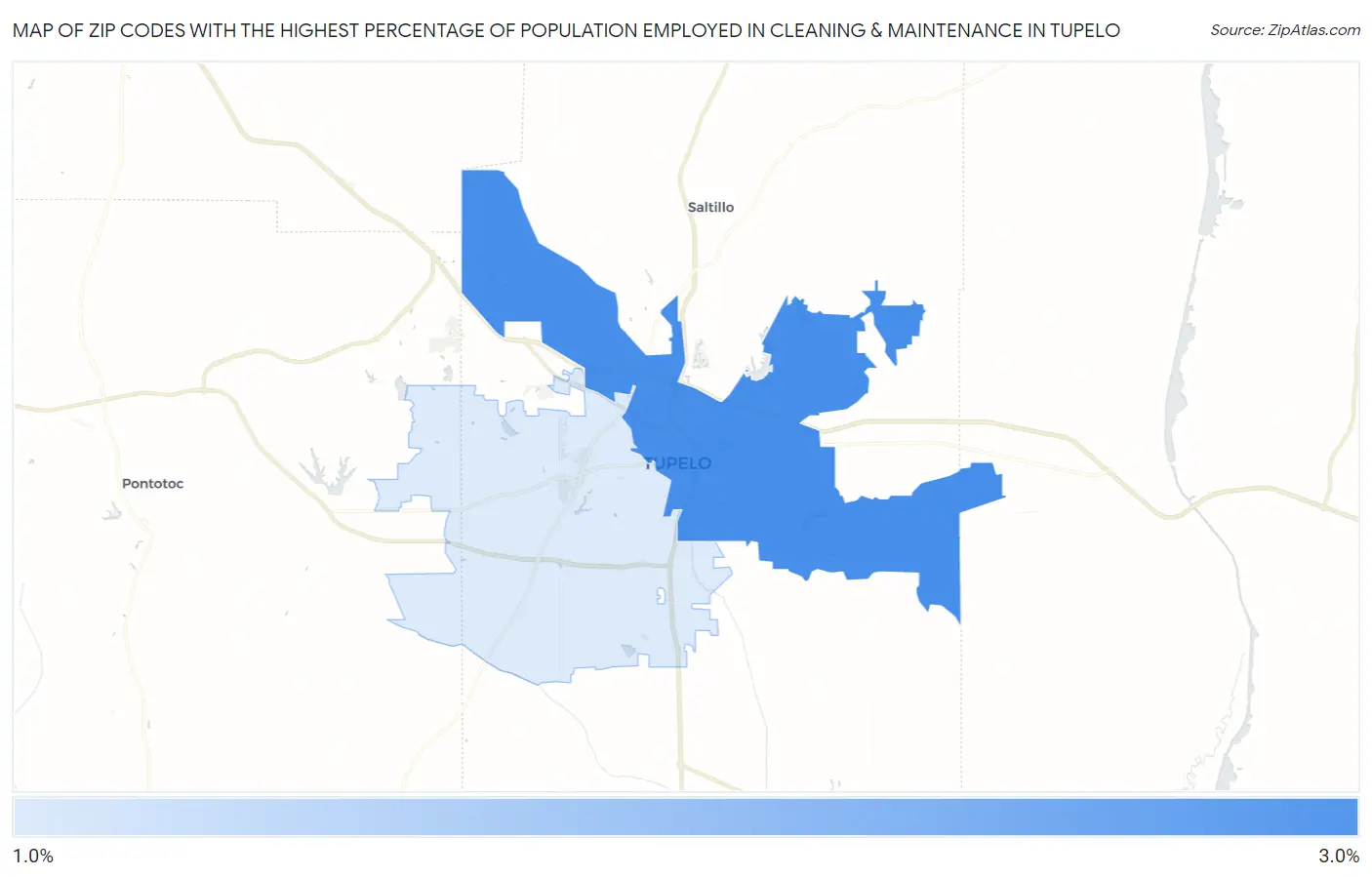 Zip Codes with the Highest Percentage of Population Employed in Cleaning & Maintenance in Tupelo Map