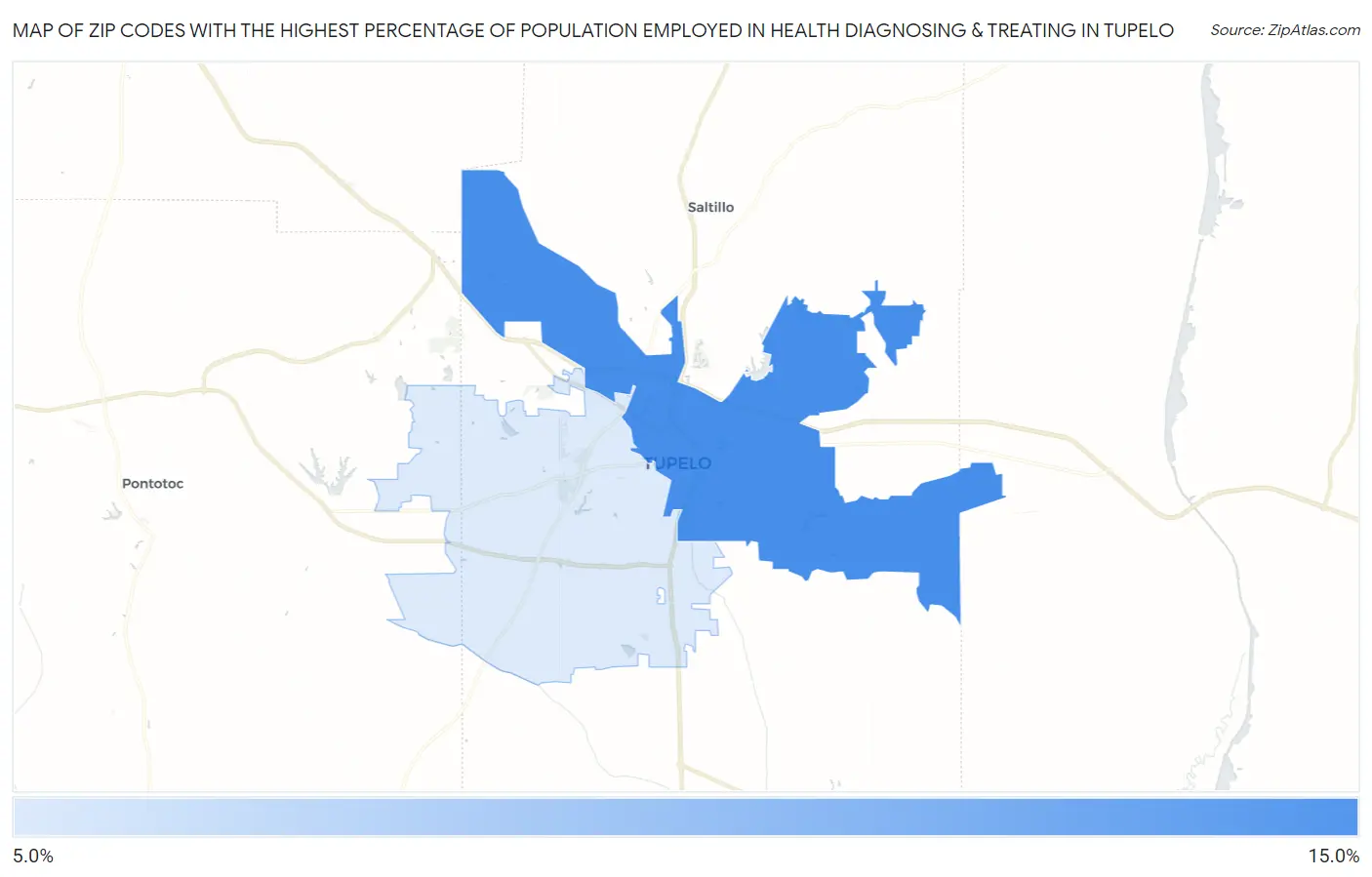Zip Codes with the Highest Percentage of Population Employed in Health Diagnosing & Treating in Tupelo Map