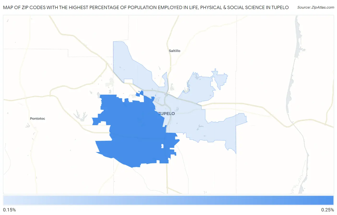 Zip Codes with the Highest Percentage of Population Employed in Life, Physical & Social Science in Tupelo Map