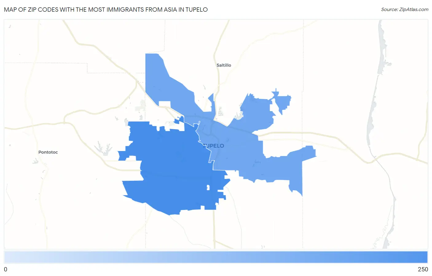 Zip Codes with the Most Immigrants from Asia in Tupelo Map
