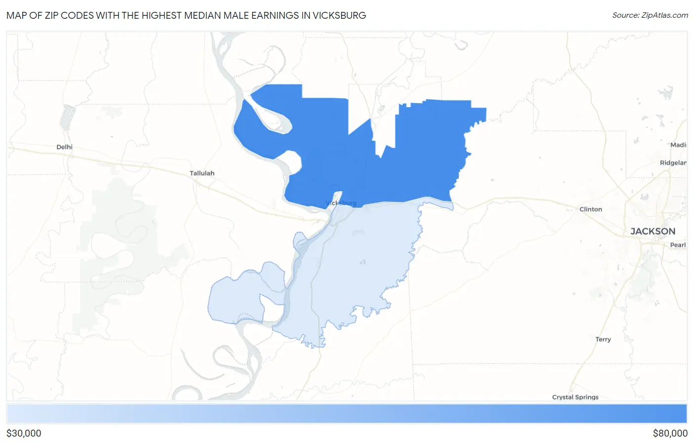Zip Codes with the Highest Median Male Earnings in Vicksburg Map