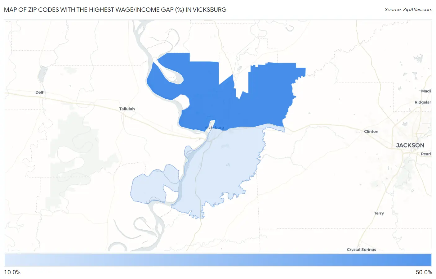 Zip Codes with the Highest Wage/Income Gap (%) in Vicksburg Map