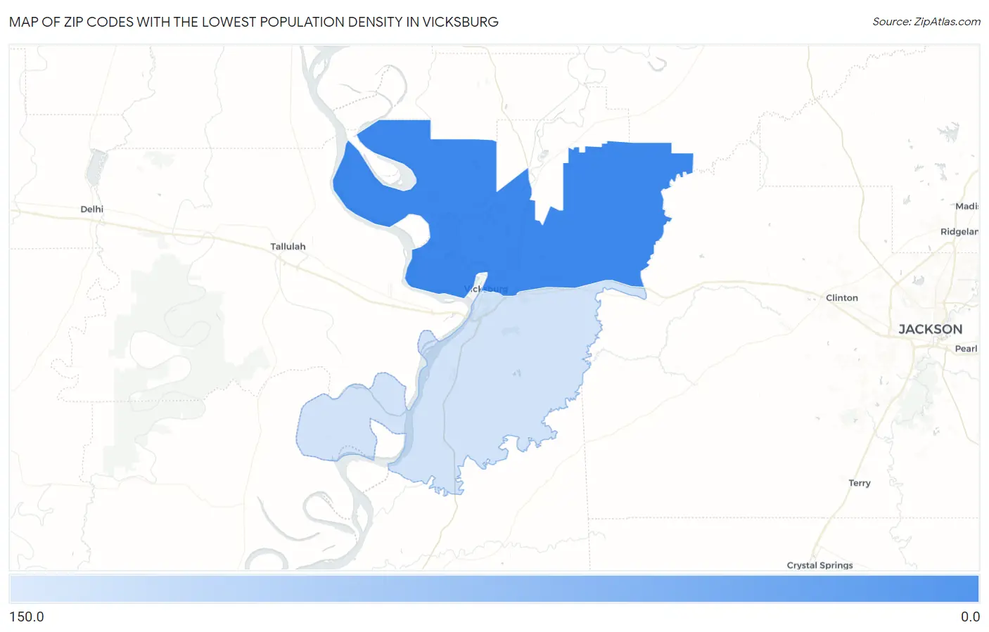 Zip Codes with the Lowest Population Density in Vicksburg Map