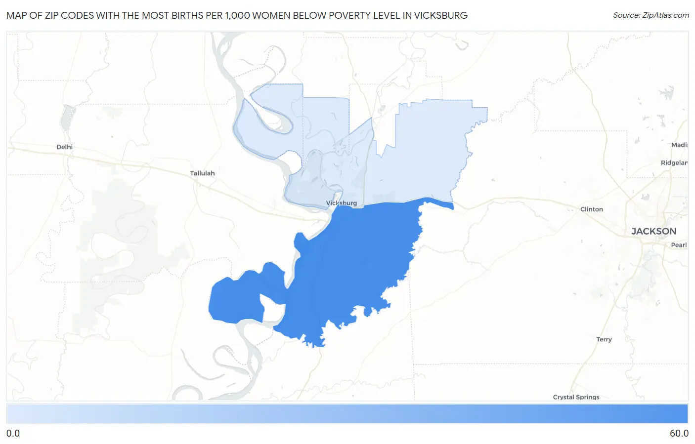 Zip Codes with the Most Births per 1,000 Women Below Poverty Level in Vicksburg Map